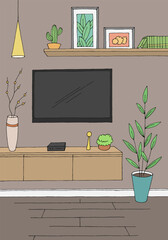 Fototapete - TV in living room graphic color home interior vertical sketch illustration vector