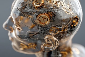 Poster - a transparent futuristic human head reveals intricate mechanical gears and components, showcasing ad