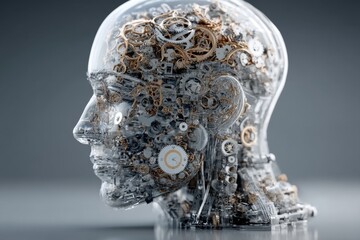 Poster - a detailed mechanical human head filled with gears and clockwork, symbolizing artificial intelligenc