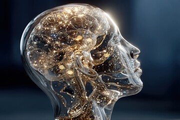 Poster - conceptual illustration showcasing a transparent human head with glowing circuitry, representing art