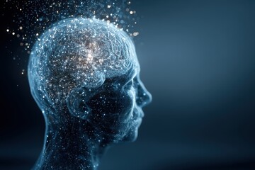 Poster - Abstract human head with brain activity, sparkling particles illuminating the mind, showcasing intelligence, memory, and cognitive function in a conceptual design.