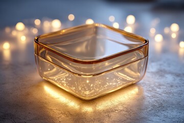 Poster - elegant square glass box with golden trim and bokeh lights in background offers a sophisticated look