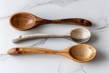 Aufkleber - A set of three handcrafted wooden spoons with unique wood grain patterns lying on a white marble countertop, showcasing artisan craftsmanship and kitchen utensils.