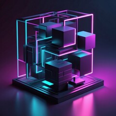 Aufkleber - A futuristic 3D abstract structure with glowing neon lines and cubes