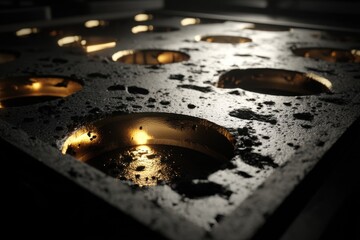  - A close-up abstract shot of a textured metallic surface, featuring circular holes with golden light reflections, creating a visually intriguing and modern industrial aesthetic.