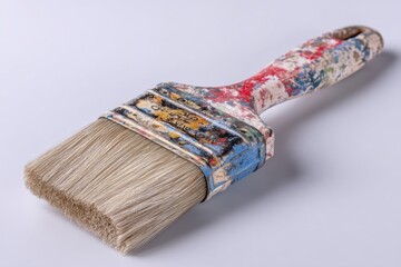Poster - A well-used paint brush covered in dried paint, showcasing artistic wear and tear, on a clean white background, depicting creativity and the tools of the trade.