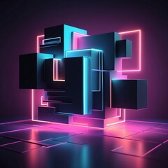 Aufkleber - Abstract geometric art in neon light. The image features an array of cubes and square frames in a vibrant display of color and form.