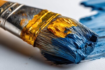 Poster - A close-up of a paint brush with vibrant blue and yellow paint, showing the bristles and texture of the art supply, a creative tool for artistic expression.