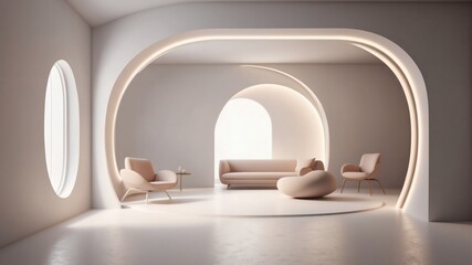 Poster - a bright interior with modern design features curved arches and a neutral color palette.