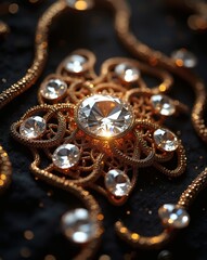 Poster - Close-up of a Stunning Golden Jewelry with Sparkling Diamonds on dark surface. The intricate design and brilliance of the gemstones create a captivating display of elegance
