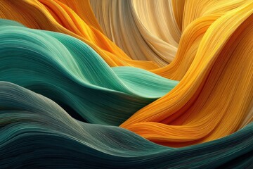 Fototapete - Abstract wave background with flowing ribbons of color, creating a dynamic and modern design with hues of green, yellow, and beige for graphic design projects.