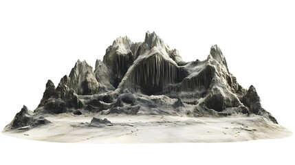 Poster - Isolated mountain range with sharp peaks and cave like structures on a white background landscape view