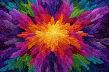 Poster - An abstract floral explosion of vividly colored feathers in a mesmerizing arrangement, blending vibrant hues for a captivating and artistic effect, radiating from the center.