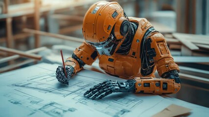 Poster - Advanced futuristic robot working on architectural blueprints at a construction site, demonstrating AI-driven engineering and automation. Close-up view