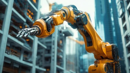 Poster - An automated construction site where drones and robots work together to assemble prefabricated building components.,