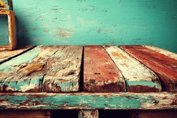 Poster - Rustic wooden planks in a vintage turquoise setting provide a weathered, textured surface, perfect for product display or a vintage background, offering a touch of retro charm.