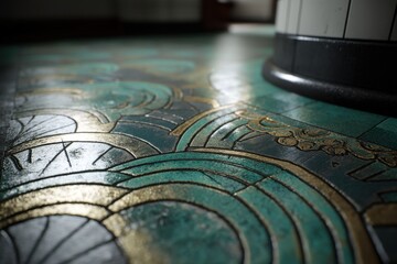 Poster - Close-up of an art deco style tile floor with decorative patterns, creating a vintage and elegant aesthetic, perfect for design and architectural projects.