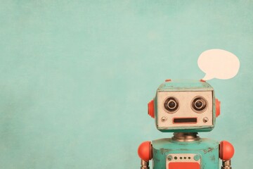 Poster - Retro robot inspired ai chatbot icon with speech bubble on vintage teal background