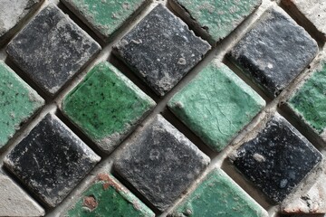 Poster - A close-up of a tiled surface with square shapes in alternating green and black colors, showing the texture and pattern of the tiles with weathered appearances.