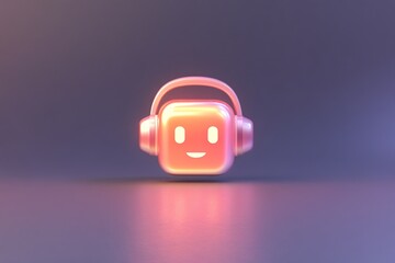 Poster - Playful ai chatbot icon with headphones on abstract background