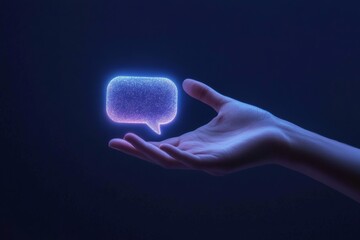 Poster - Futuristic ai chatbot icon design featuring a glowing speech bubble in hand
