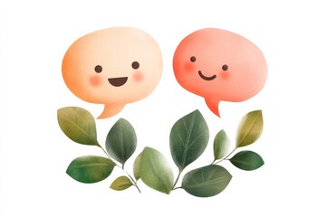 Poster - Cute ai chatbot icons with speech bubbles and green leaves design