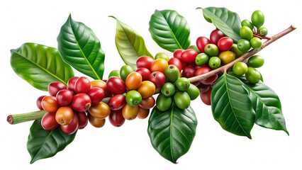 Coffee Tree Branch with Green Leaves and Unripe Coffee Beans for Nature Concepts