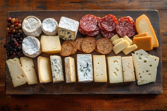 different types of cheese, including cheddar and brie, arranged on a wooden board