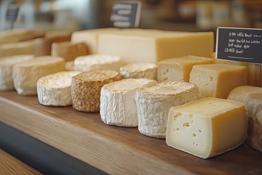 different types of cheese, including cheddar and brie, arranged on a wooden board