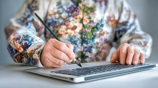 Woman in floral blouse using a stylus on a graphics tablet for digital art or design