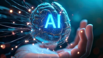 Aufkleber - AI digital brain on human hand, shiny abstract artificial intelligence on dark blue background. Futuristic technology and future. Concept of data, tech, innovation, research