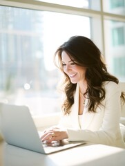 Poster - Professional woman working on a laptop in a bright office with cityscape in the background