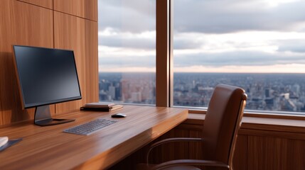Poster - Modern office workspace with computer overlooking city skyline at sunset, showcasing productivity