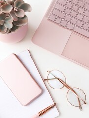 Poster - Aesthetic workspace with pink laptop, glasses, notebook, and succulent plant on white desk