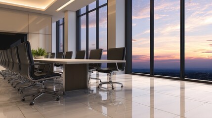 Poster - Modern conference room with panoramic windows showcasing a sunset view over the city skyline