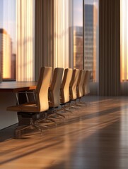 Poster - Modern office interior with empty chairs and sunset light illuminating the space