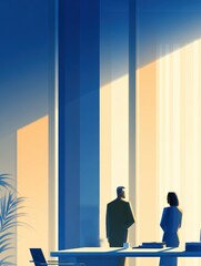 Poster - Two professionals engaged in discussion near large windows in a modern office setting
