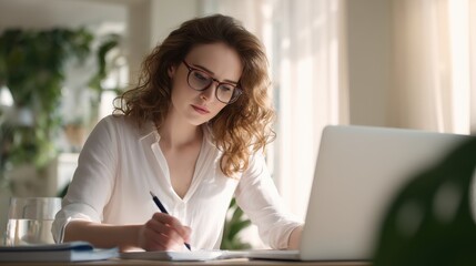 Poster - Focused woman in glasses writing notes while working on a laptop in a bright, modern workspace