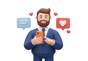 3D Illustration of Cartoon man in suit using phone with message and like notifications isolated on white background