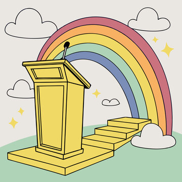 Empty Yellow Podium, Rainbow, Clouds, 3D. Fun Summer Illustration for Advertising Children's Goods, Promotional Offers, Sales, Vector Illustration.