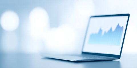 Fototapete - Modern laptop displaying financial data on screen with blue tones and soft focus background, technology concept
