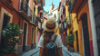 © anjum - Traveler girl in street of old town in Spain. Young backpacker tourist in solo travel. Vacation, holiday, trip