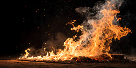 Fototapete - Fire spark overlay with smoke and flame background. Grill heat glow in cloud isolated transparent vector. Realistic flying orange sparkle abstract illustration. Hell bonfire fiery with hot cinder
 Set