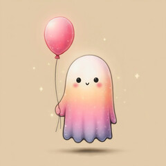 Leinwandbilder - A pastel ghost holding a red balloon, hand drawn flat aesthetic, simple line art