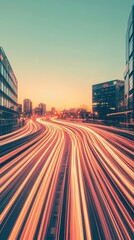 Poster - Cityscape with light trails at sunset. Abstract fast moving lights depicting speed. Night scene of buildings in the distance with network trails.