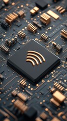 Poster - Golden network symbol on black computer chip. Complex array of electronics components for high speed networks.