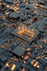 Poster - Integrated circuits. System on a chip. Close up of a dark motherboard with lighted circuits. Modern computing. Digital technology. 5G networks