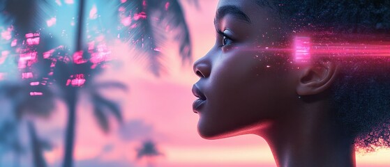 Poster - Profile of subject seeing glowing networks during sunset. Wireless systems concept. Fast communication structure on coastline backdrop.