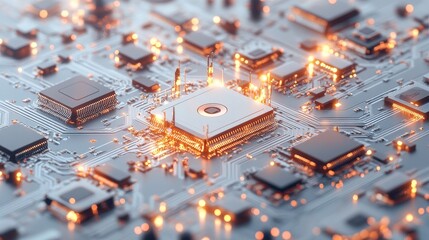 Poster - Circuit board shows light emitting from chips and connections. Wires connect technology components. Represents modern networks and advanced systems.