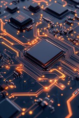 Poster - Detailed view circuit board. Orange traces connect different chips. Complex system of integrated elements. Advanced networks processing signals. Concept for 5G networks.